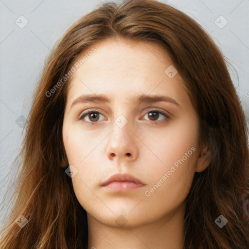 Neutral white young-adult female with long  brown hair and brown eyes