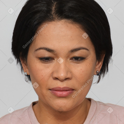 Joyful white adult female with medium  brown hair and brown eyes