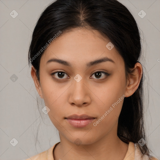 Neutral latino young-adult female with medium  brown hair and brown eyes