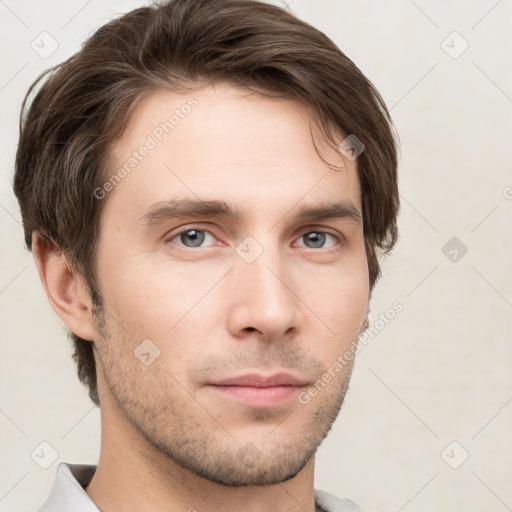 Neutral white young-adult male with short  brown hair and grey eyes