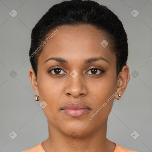 Neutral black young-adult female with short  brown hair and brown eyes