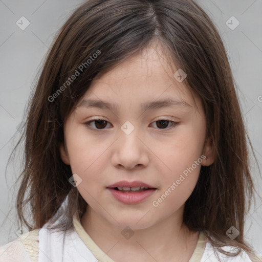 Joyful white child female with medium  brown hair and brown eyes