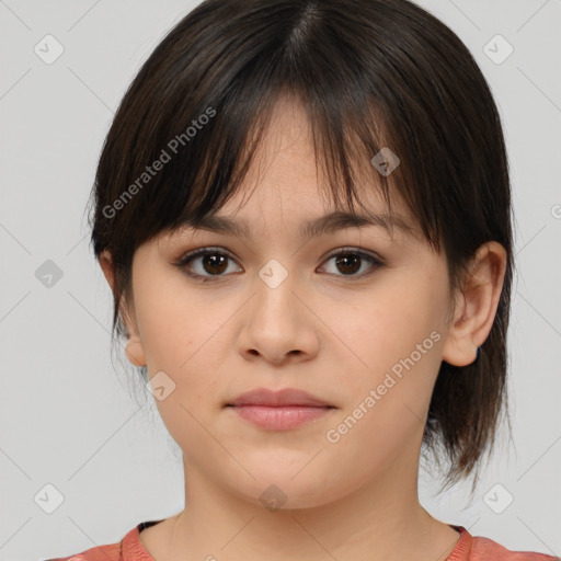 Neutral white young-adult female with medium  brown hair and brown eyes