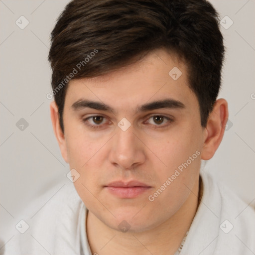 Neutral white young-adult male with short  brown hair and brown eyes