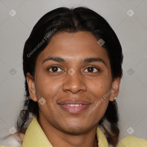 Joyful asian young-adult female with medium  brown hair and brown eyes