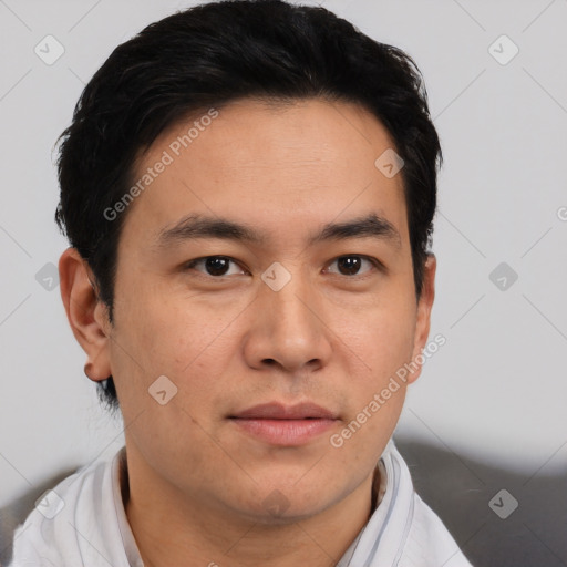 Neutral asian young-adult male with short  brown hair and brown eyes