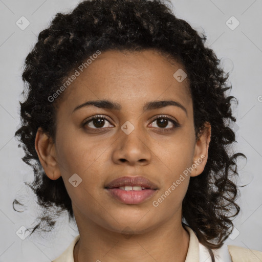 Neutral black young-adult female with medium  brown hair and brown eyes