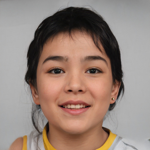 Joyful white child female with medium  brown hair and brown eyes