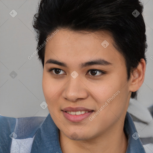 Joyful asian young-adult female with short  black hair and brown eyes