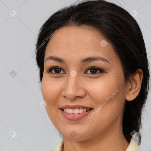 Joyful white young-adult female with medium  brown hair and brown eyes