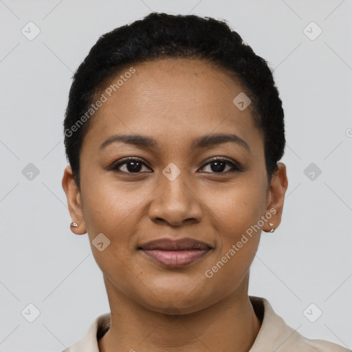 Joyful latino young-adult female with short  black hair and brown eyes