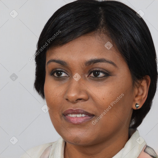 Joyful asian young-adult female with medium  black hair and brown eyes