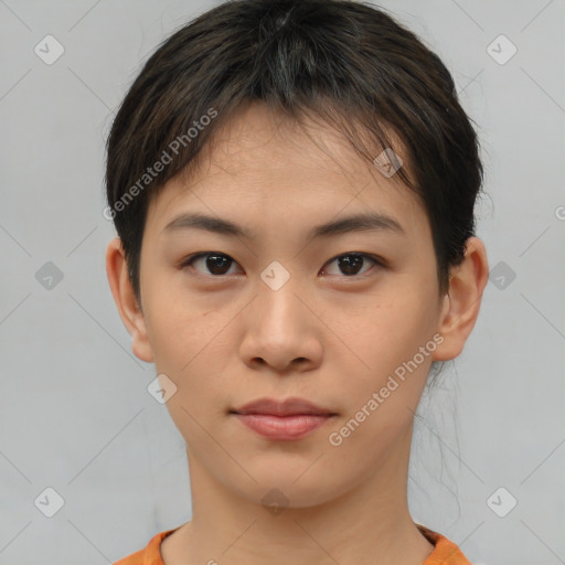 Neutral asian young-adult female with short  brown hair and brown eyes