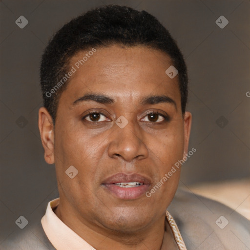 Joyful latino young-adult male with short  brown hair and brown eyes