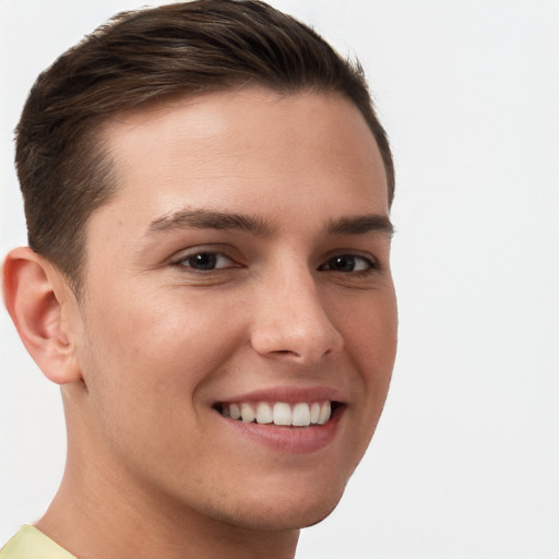 Joyful white young-adult female with short  brown hair and brown eyes