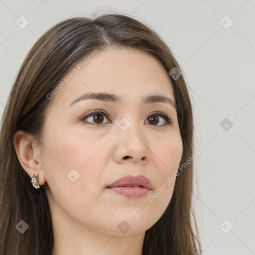 Neutral white young-adult female with long  brown hair and brown eyes