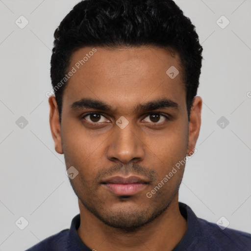 Neutral latino young-adult male with short  black hair and brown eyes