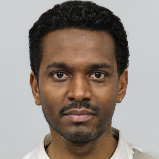 Neutral black young-adult male with short  black hair and brown eyes