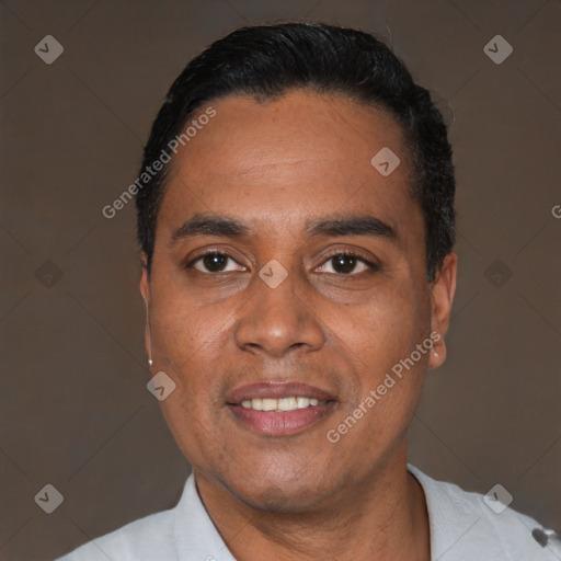 Joyful latino adult male with short  black hair and brown eyes