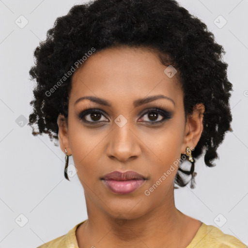 Neutral black young-adult female with short  black hair and brown eyes