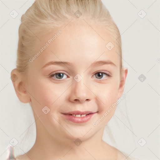 Joyful white child female with medium  brown hair and blue eyes