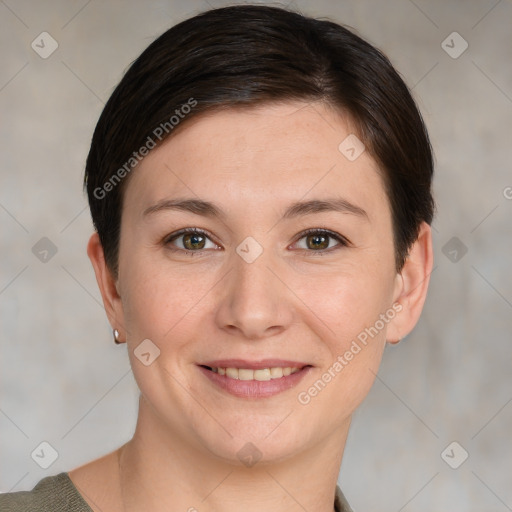 Joyful white young-adult female with short  brown hair and grey eyes