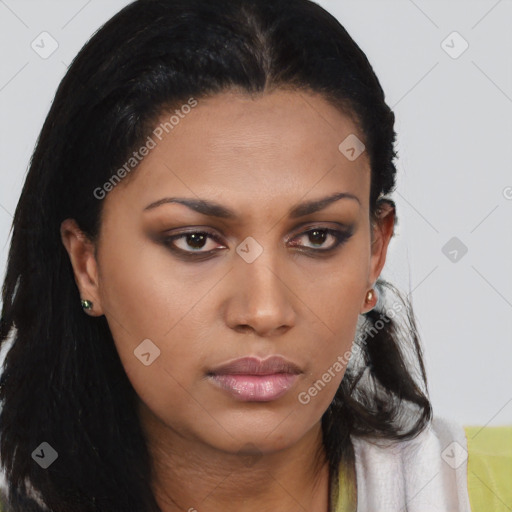 Neutral latino young-adult female with medium  brown hair and brown eyes