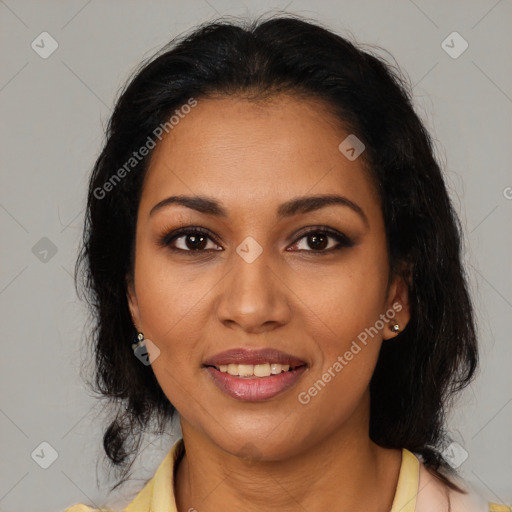 Joyful latino young-adult female with medium  brown hair and brown eyes