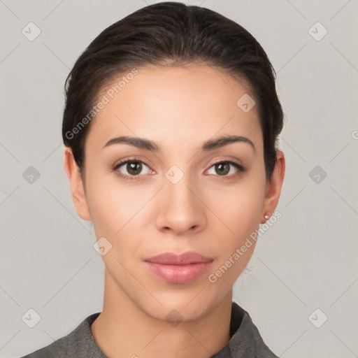 Neutral white young-adult female with short  brown hair and brown eyes