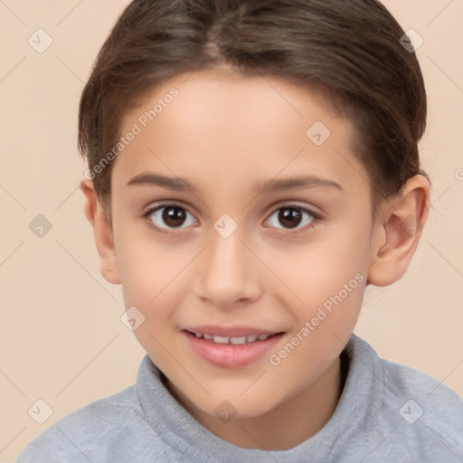 Joyful white child female with short  brown hair and brown eyes