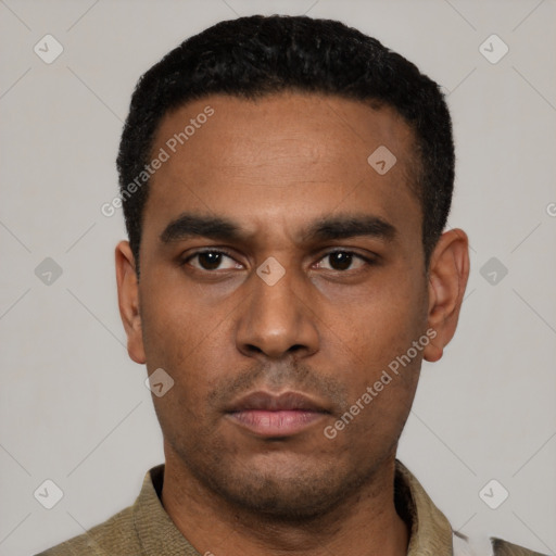 Neutral latino young-adult male with short  black hair and brown eyes