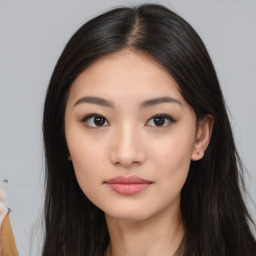 Neutral asian young-adult female with long  black hair and brown eyes