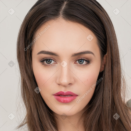 Neutral white young-adult female with long  brown hair and brown eyes