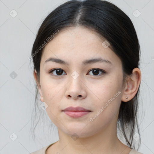 Neutral white young-adult female with medium  brown hair and brown eyes