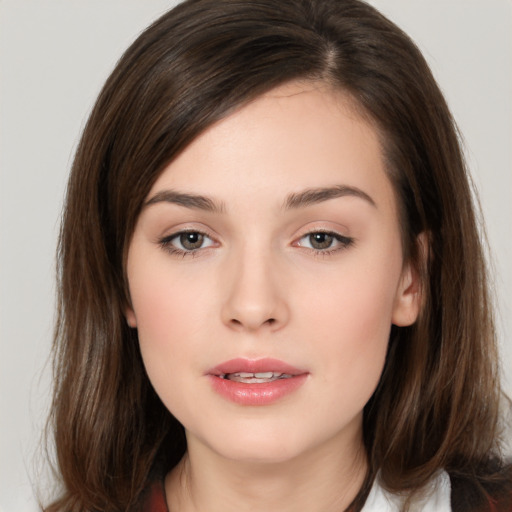 Neutral white young-adult female with medium  brown hair and brown eyes