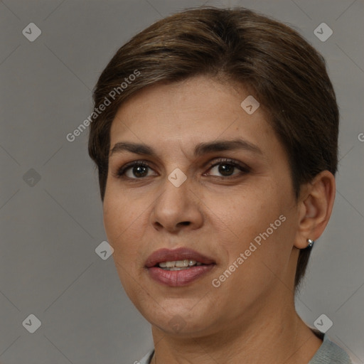 Joyful white young-adult female with short  brown hair and brown eyes