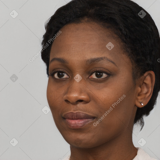 Neutral black young-adult female with short  black hair and brown eyes