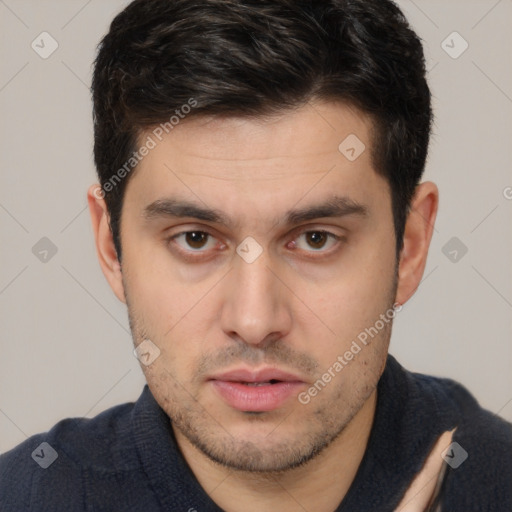 Neutral white young-adult male with short  brown hair and brown eyes