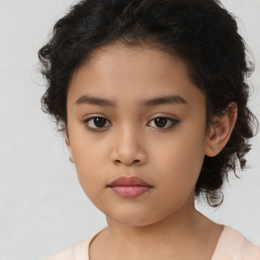 Neutral latino child female with medium  brown hair and brown eyes