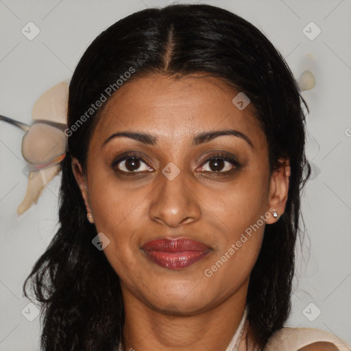 Joyful black young-adult female with medium  brown hair and brown eyes