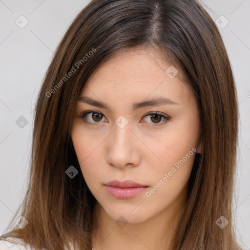 Neutral white young-adult female with long  brown hair and brown eyes