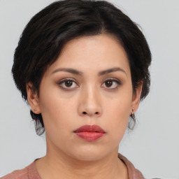 Neutral asian young-adult female with medium  black hair and brown eyes