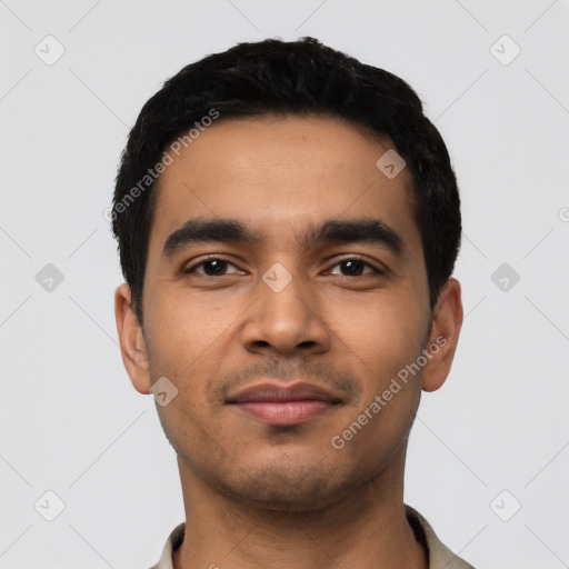 Neutral latino young-adult male with short  black hair and brown eyes