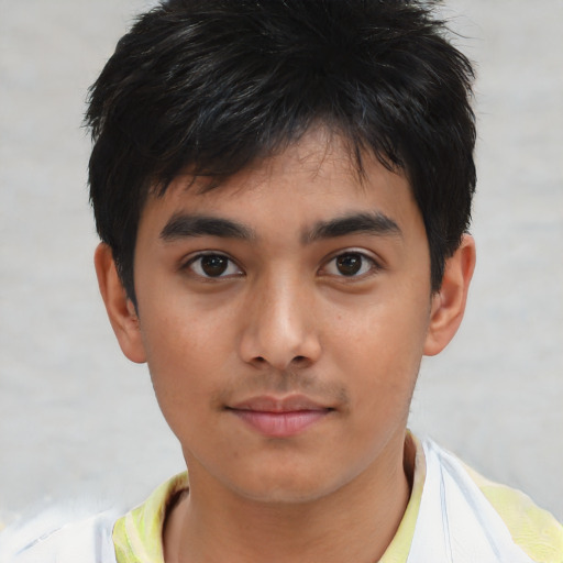 Neutral asian young-adult male with short  black hair and brown eyes