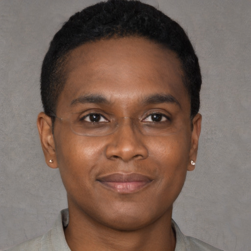 Joyful black young-adult male with short  brown hair and brown eyes