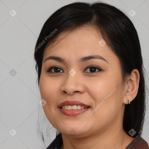 Joyful asian young-adult female with medium  brown hair and brown eyes