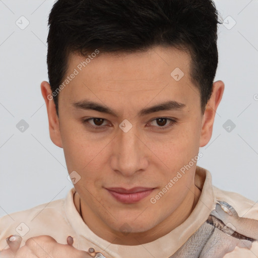 Joyful white young-adult male with short  brown hair and brown eyes