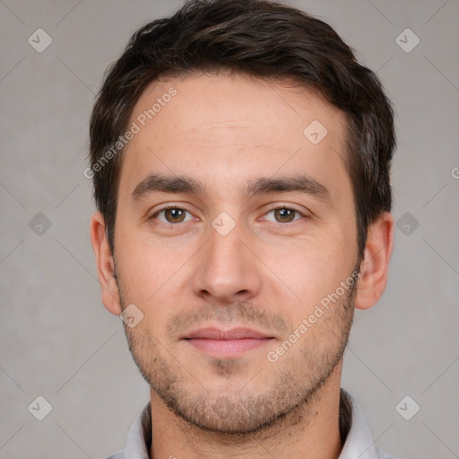 Neutral white young-adult male with short  brown hair and brown eyes