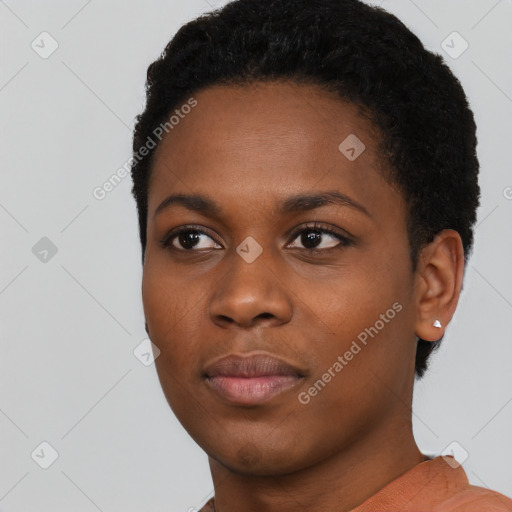 Neutral black young-adult female with short  black hair and brown eyes