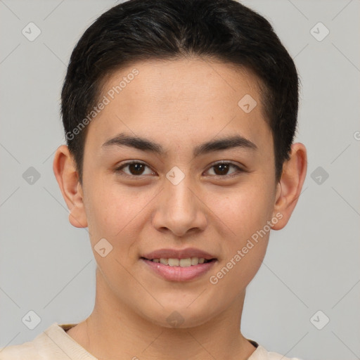 Joyful white young-adult female with short  brown hair and brown eyes